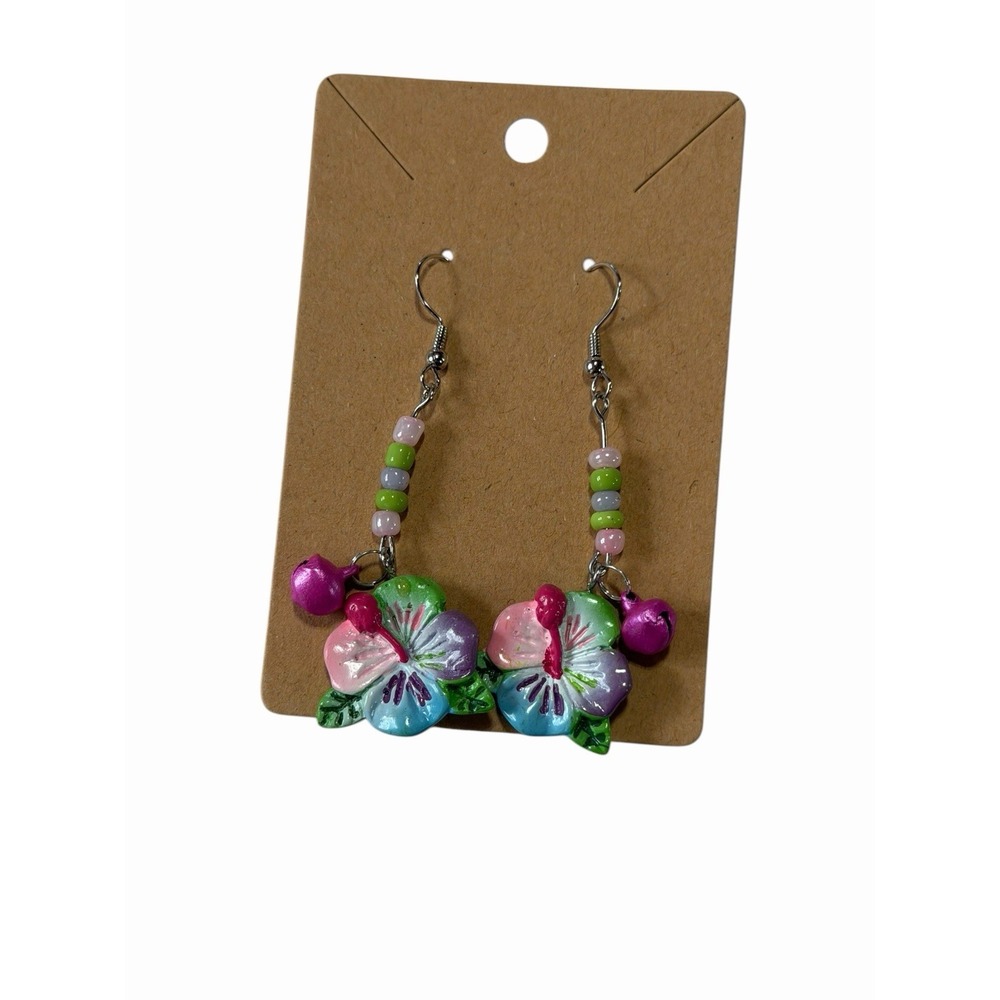 Tropical Hibiscus Flower Drop Earrings Beaded Bell Charm Multi-Color